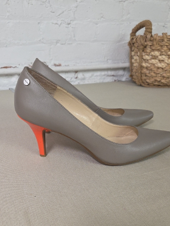 Calvin Klein Shoes - Calvin Klein Leather Taupe Pointed-Toe Pumps with Orange Heel Size 9.5